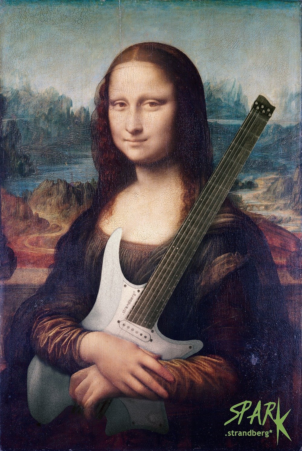 Mona Lisa holding a headless strandberg guitar