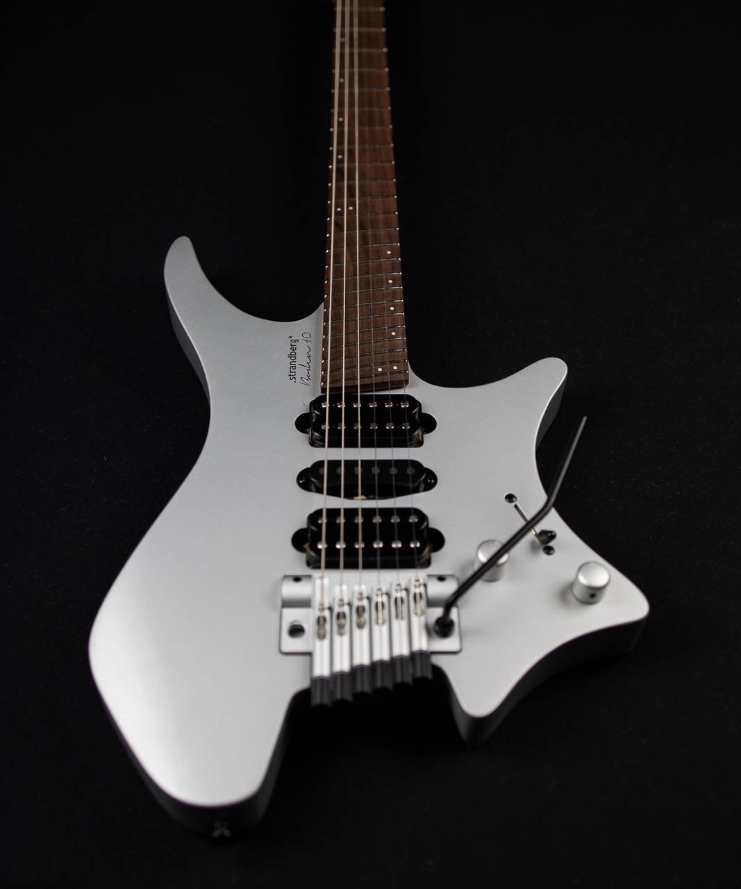 10 year anniversary boden headless guitars 6 string silver front view