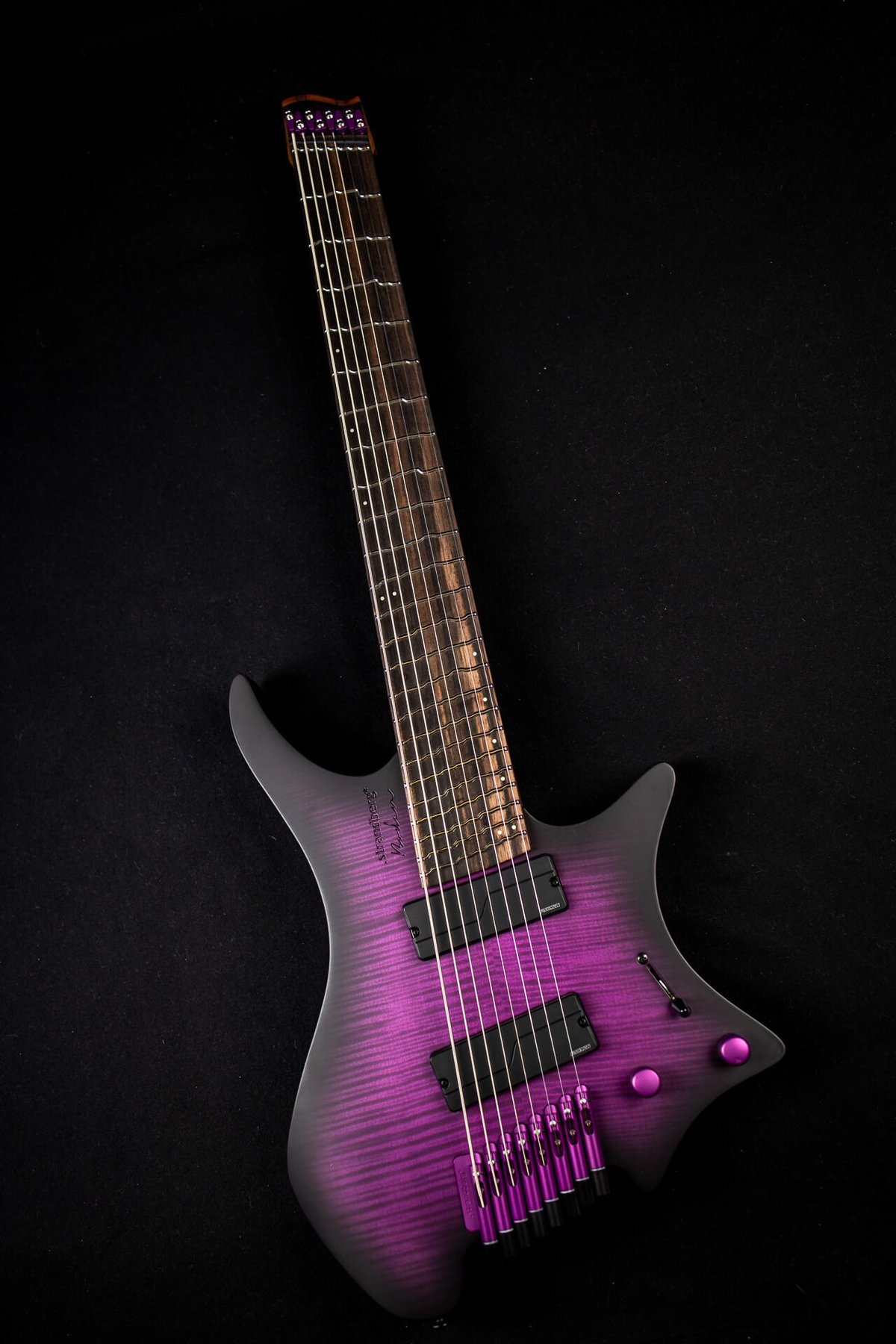 True temperament purple headless guitar 8 string front view fretboard