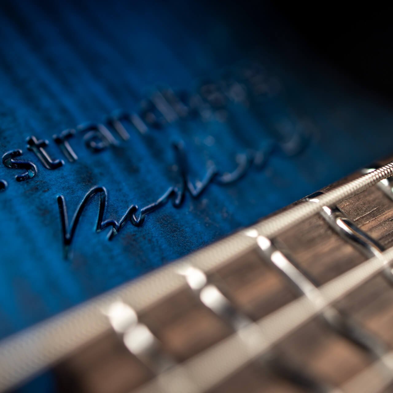 True Temperament Blue headless guitar closeup logotype strandberg boden