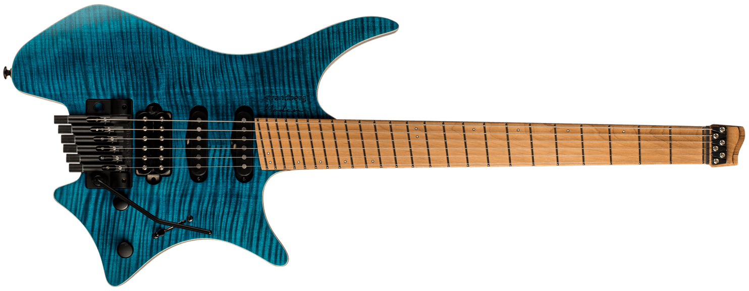 Standard 6 Trem blue headless guitar front view