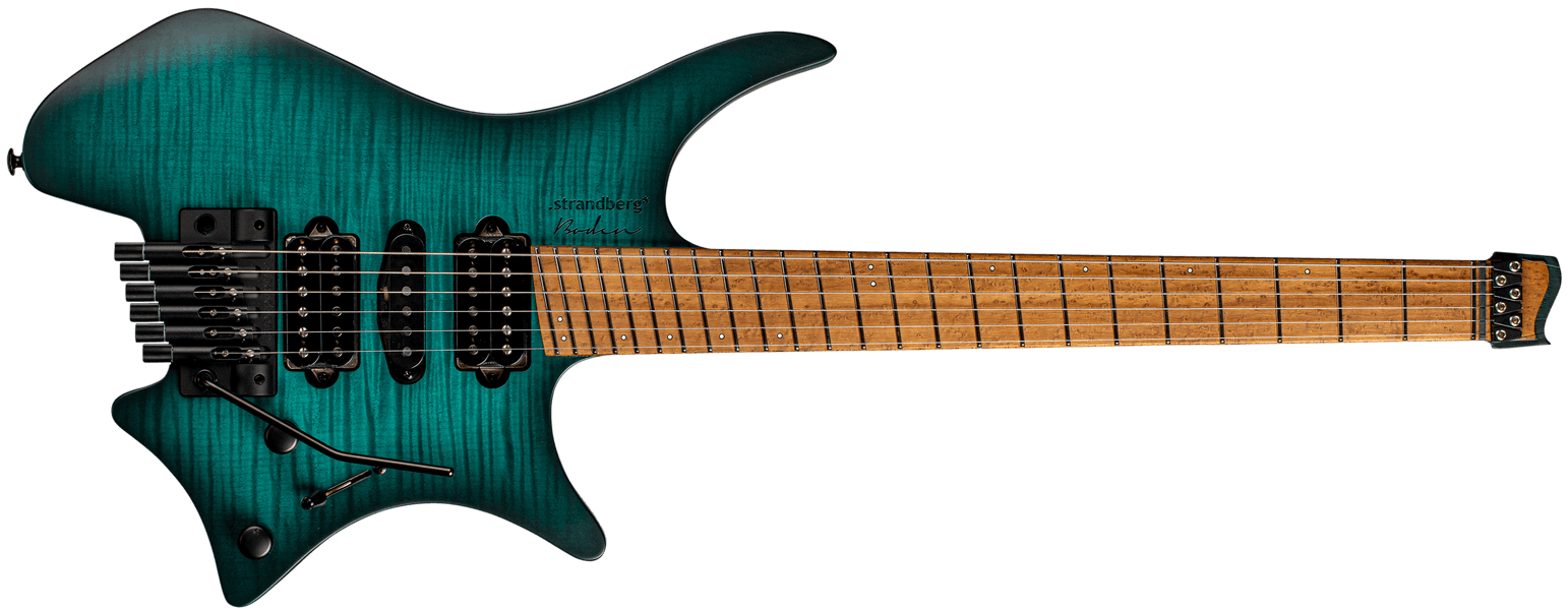 Fusion Neck through 6 string teal headless guitar front view