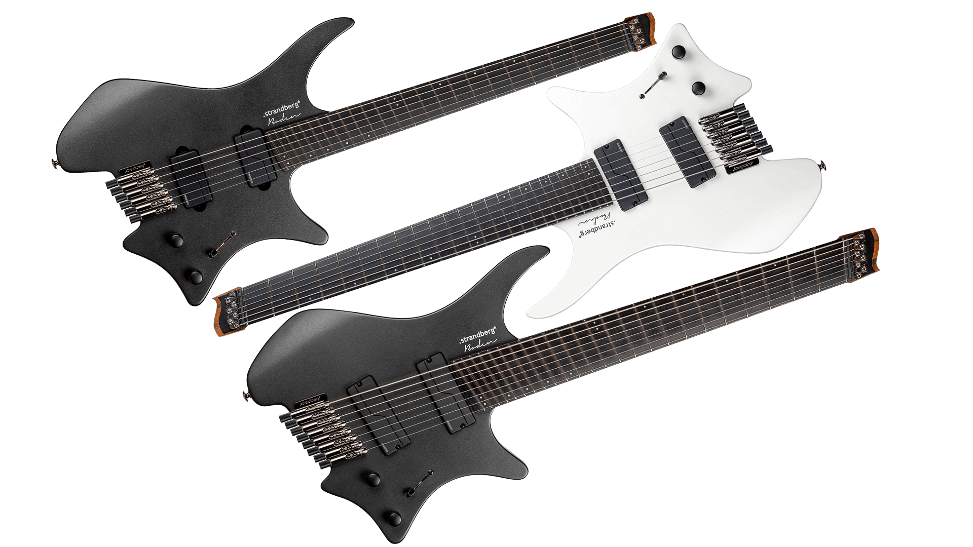 Headless guitars boden metal white and black side by side