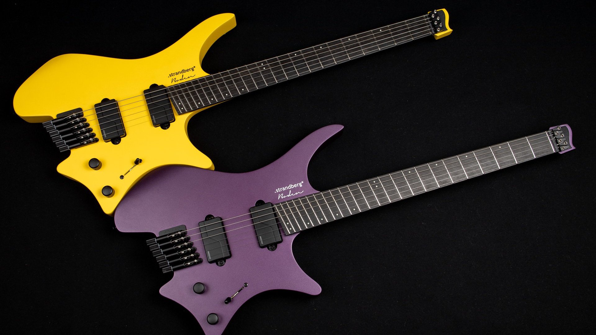 Headless Guitar Boden Metal purple and yellow front view side by side