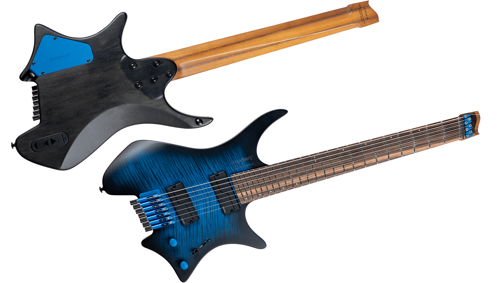 True temp blue burst 7 string headless guitar front and back view