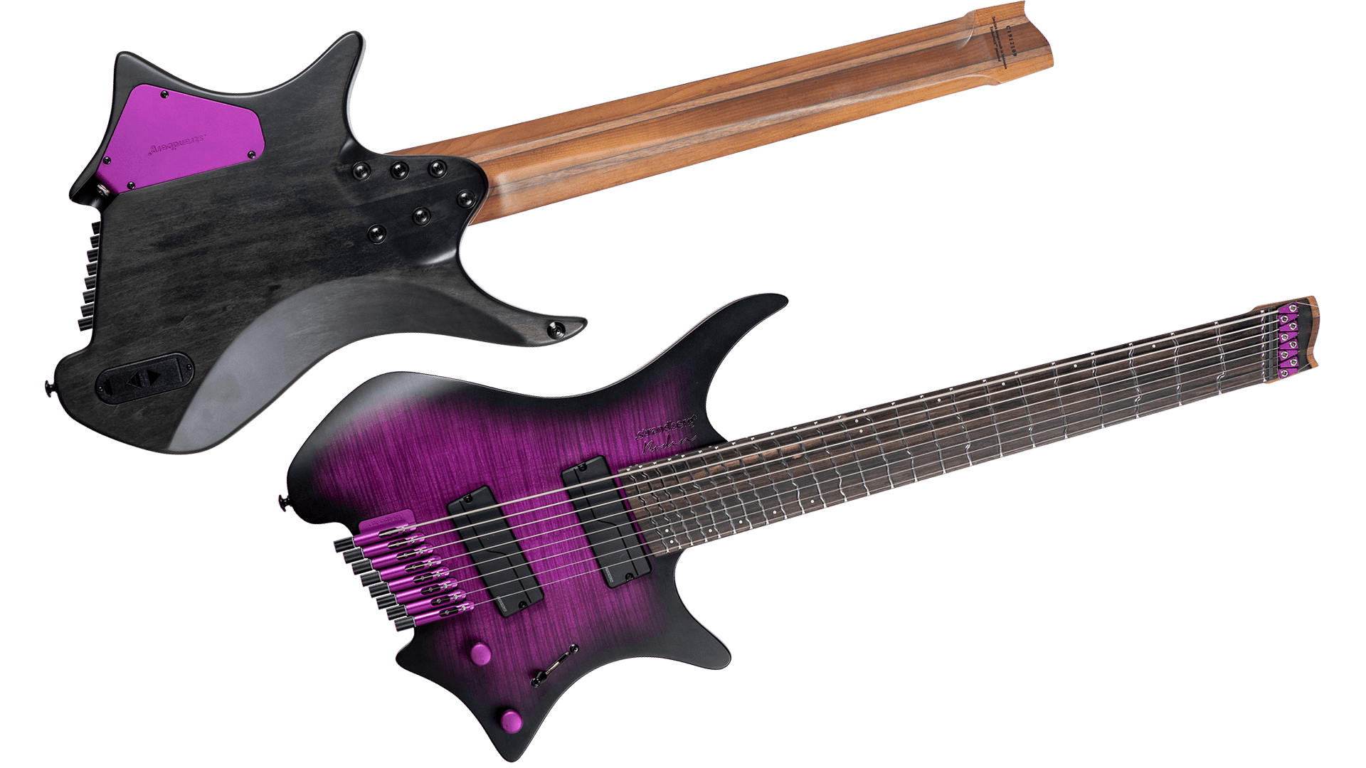 True temp purple 8 string headless guitar front and back view