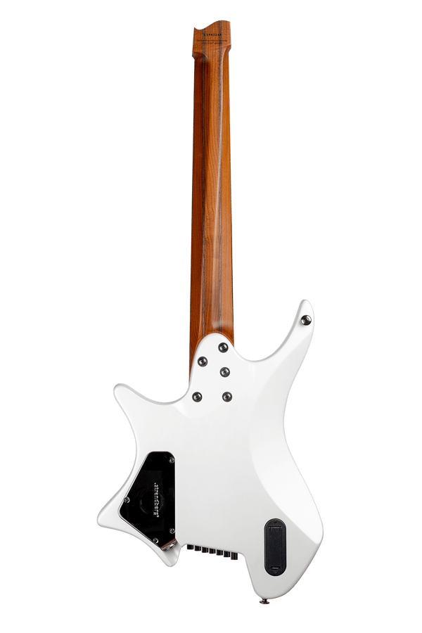 Headless guitar boden metal white 7 string multiscale back view