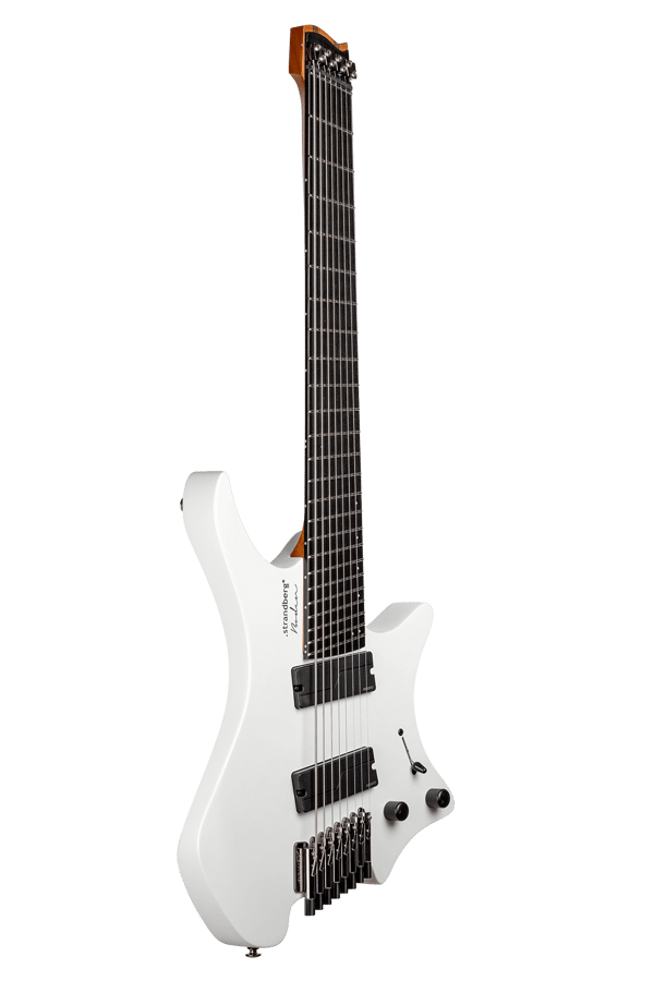 Headless guitar boden metal white 8 string multiscale front view
