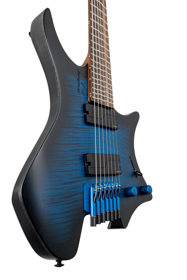 True Temperament blue burst headless guitar 7 string front view fretboard