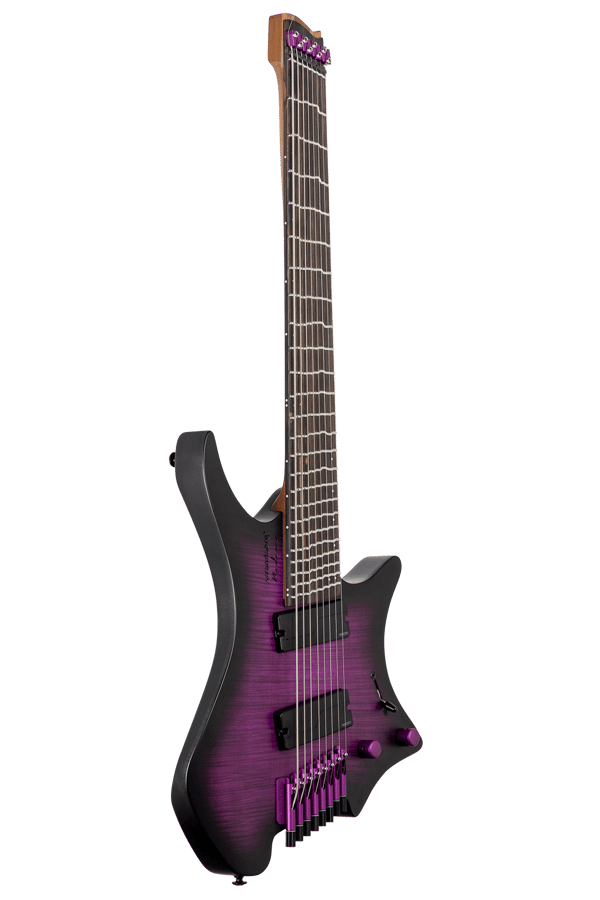 True Temperament purple headless guitar 8 string front view fretboard