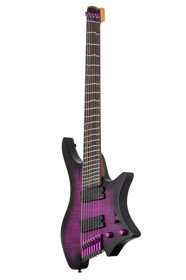 True Temperament purple headless guitar 8 string front view fretboard