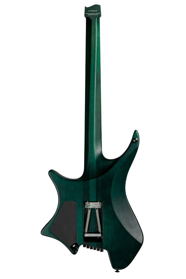 Headless Guitar Boden Metal 6 string trem trans teal back view