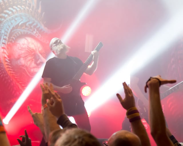 Per Nilsson on stage with Headless Guitar Boden Singularity 7-string Red Swirl