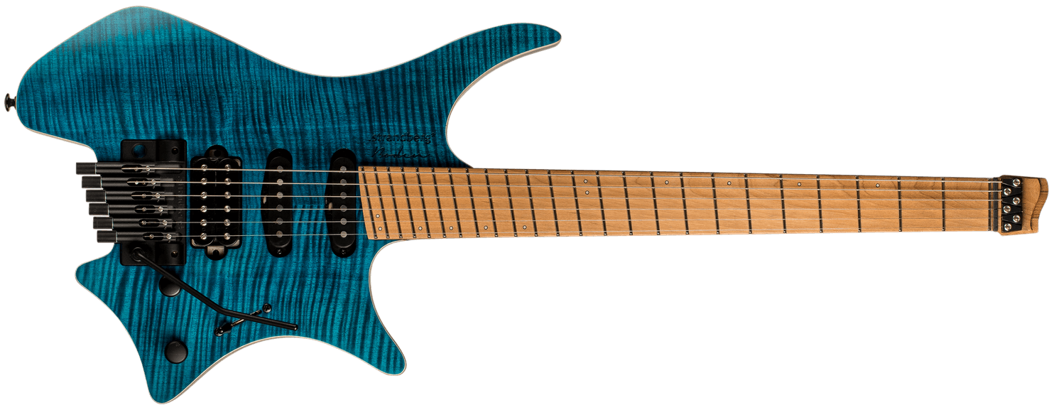 Standard 6 Trem blue headless guitar front view