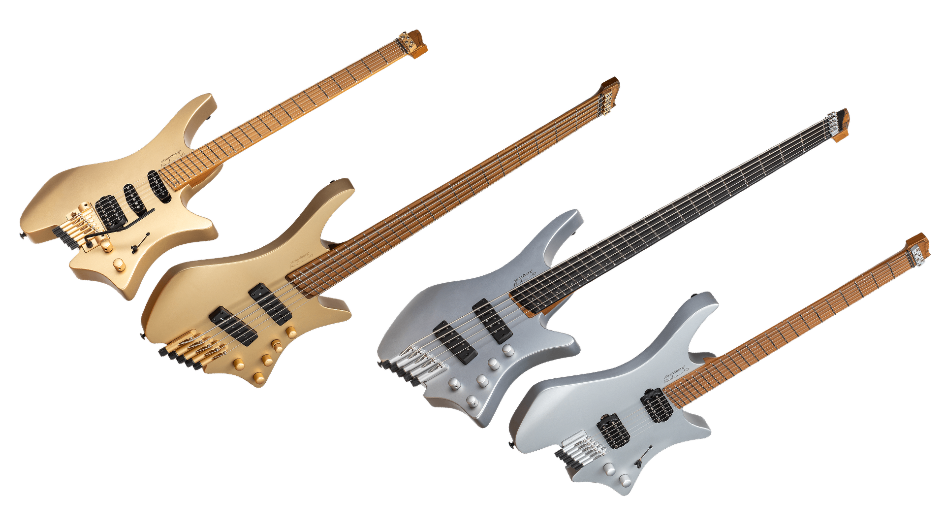 10th anniversary boden headless guitars 5 string and 6 string gold and silver front view